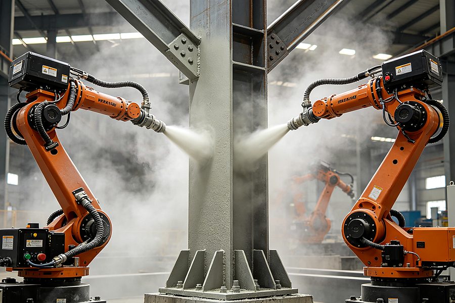 Large steel structure factory coated with thin film intumescent fireproof coating for industrial construction projects