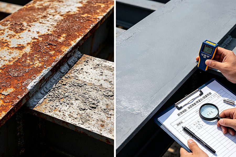 Waterborne anticorrosive coating applied on steel bridge, tank or metal equipment, real industrial project photo