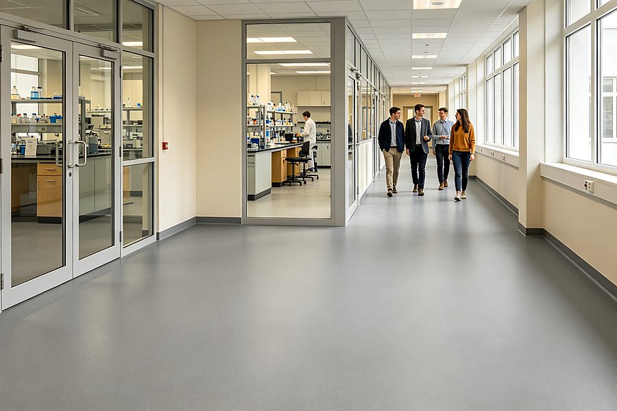 Waterborne epoxy floor paint applied on industrial workshop flooring, smooth durable real project photo